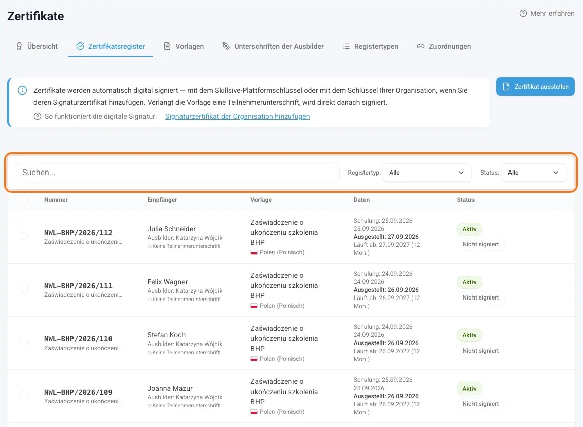 Zertifikatsregister mit der Liste der ausgestellten Zertifikate