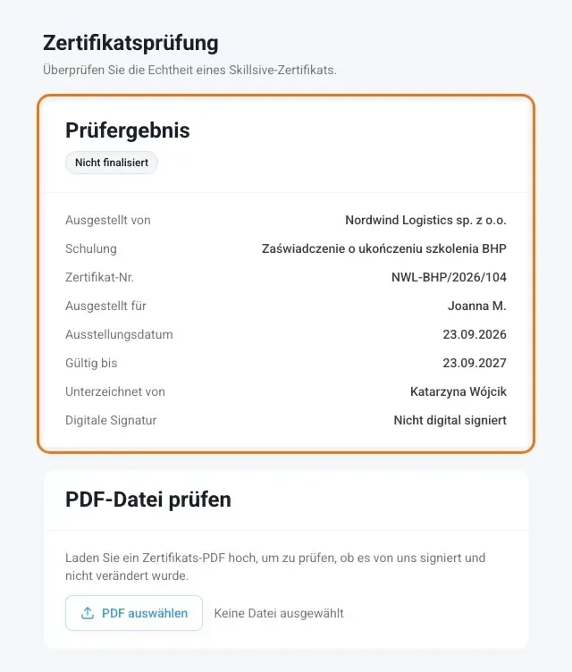 Öffentliche Prüfseite eines Zertifikats mit Eintrag und Status