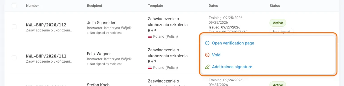 Actions menu of a certificate in the registry