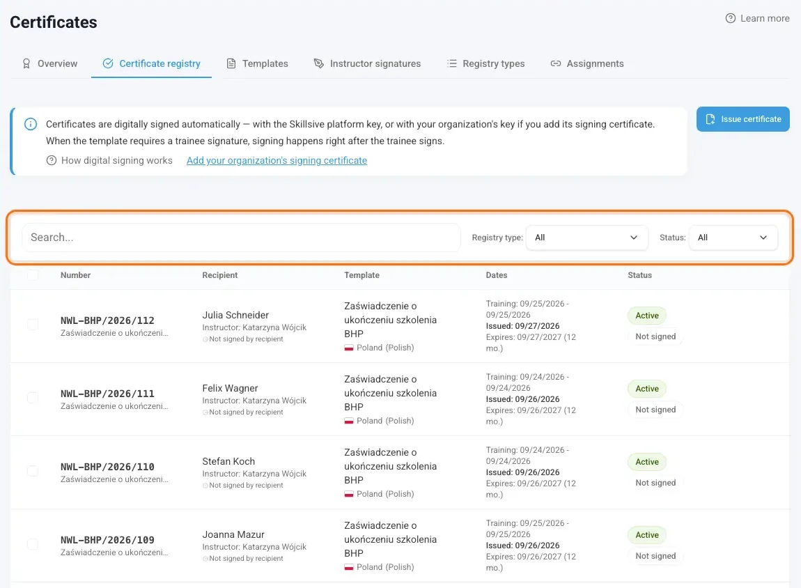 Certificate registry with the list of issued certificates