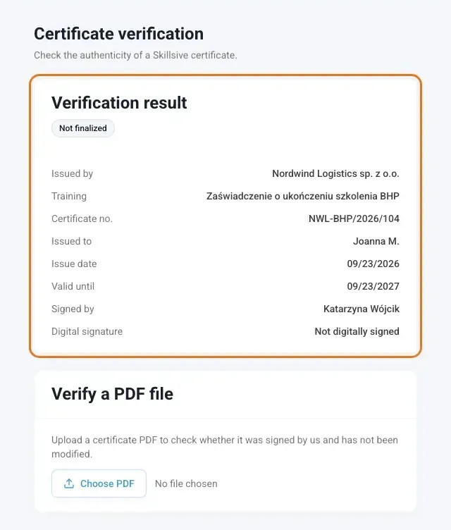 Public certificate verification page with the certificate record and status