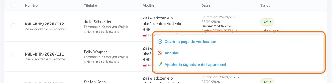 Menu Actions d’un certificat dans le registre
