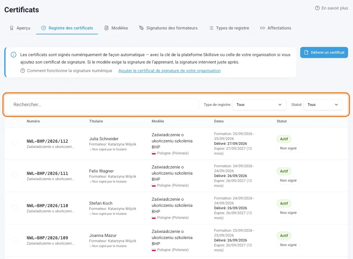 Registre des certificats avec la liste des certificats délivrés