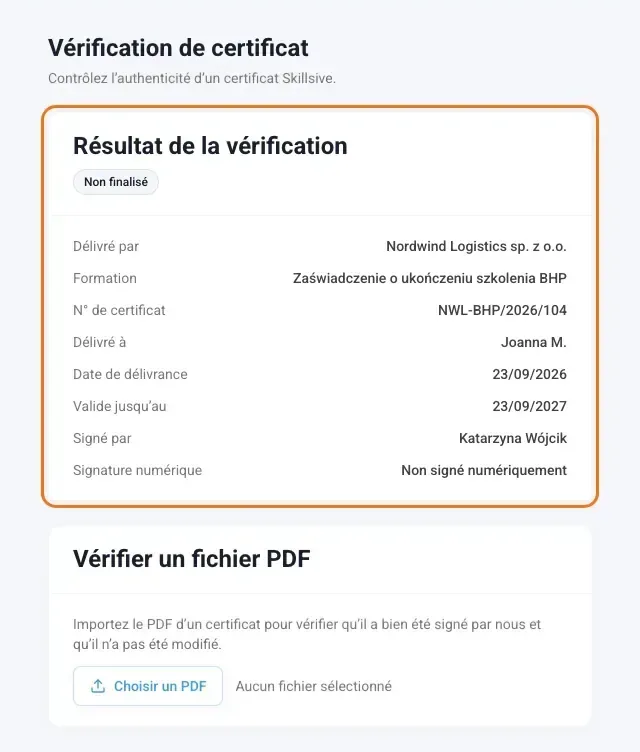 Page publique de vérification d’un certificat avec sa fiche et son statut