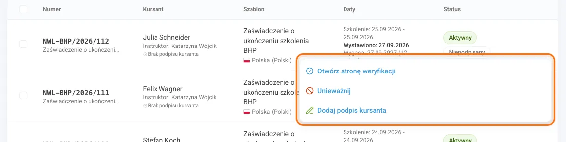 Menu Akcje certyfikatu w rejestrze