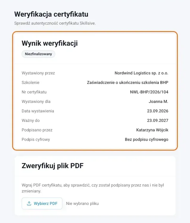 Publiczna strona weryfikacji certyfikatu z danymi i statusem certyfikatu