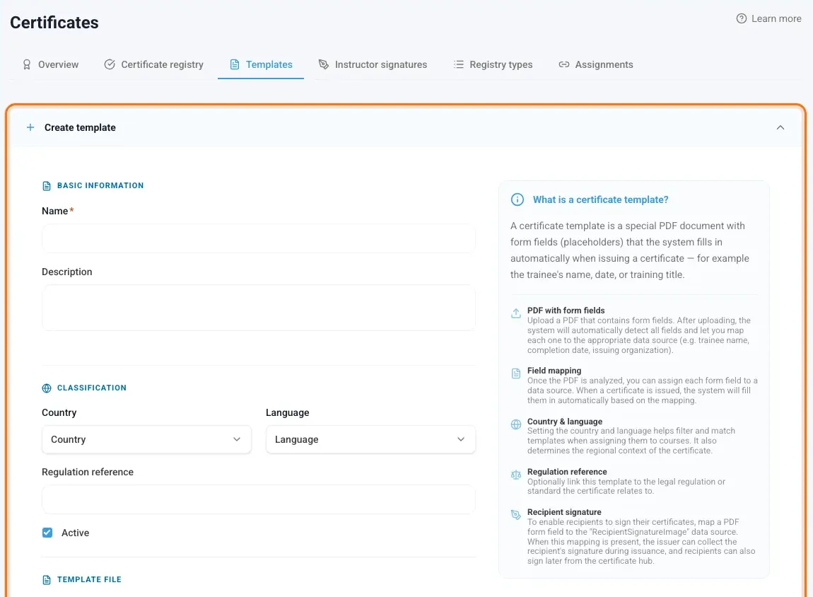 Certificate templates with the Create template form