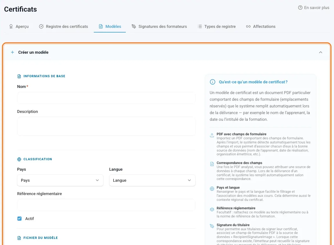 Modèles de certificat avec le formulaire Créer un modèle