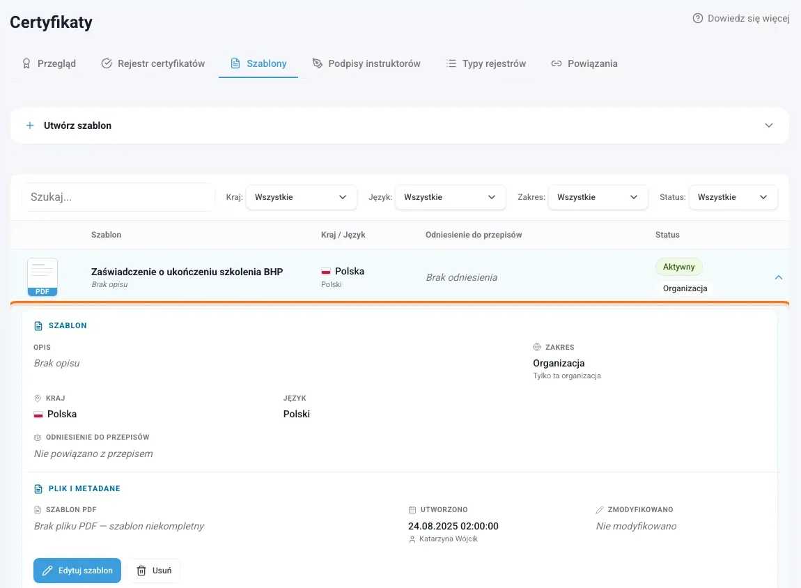 Rozwinięty szablon ze szczegółami i plikiem PDF
