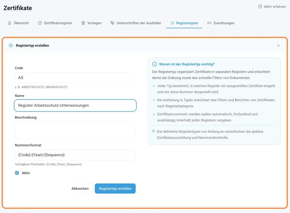 Formular Registertyp erstellen mit Code, Name und Nummernformat