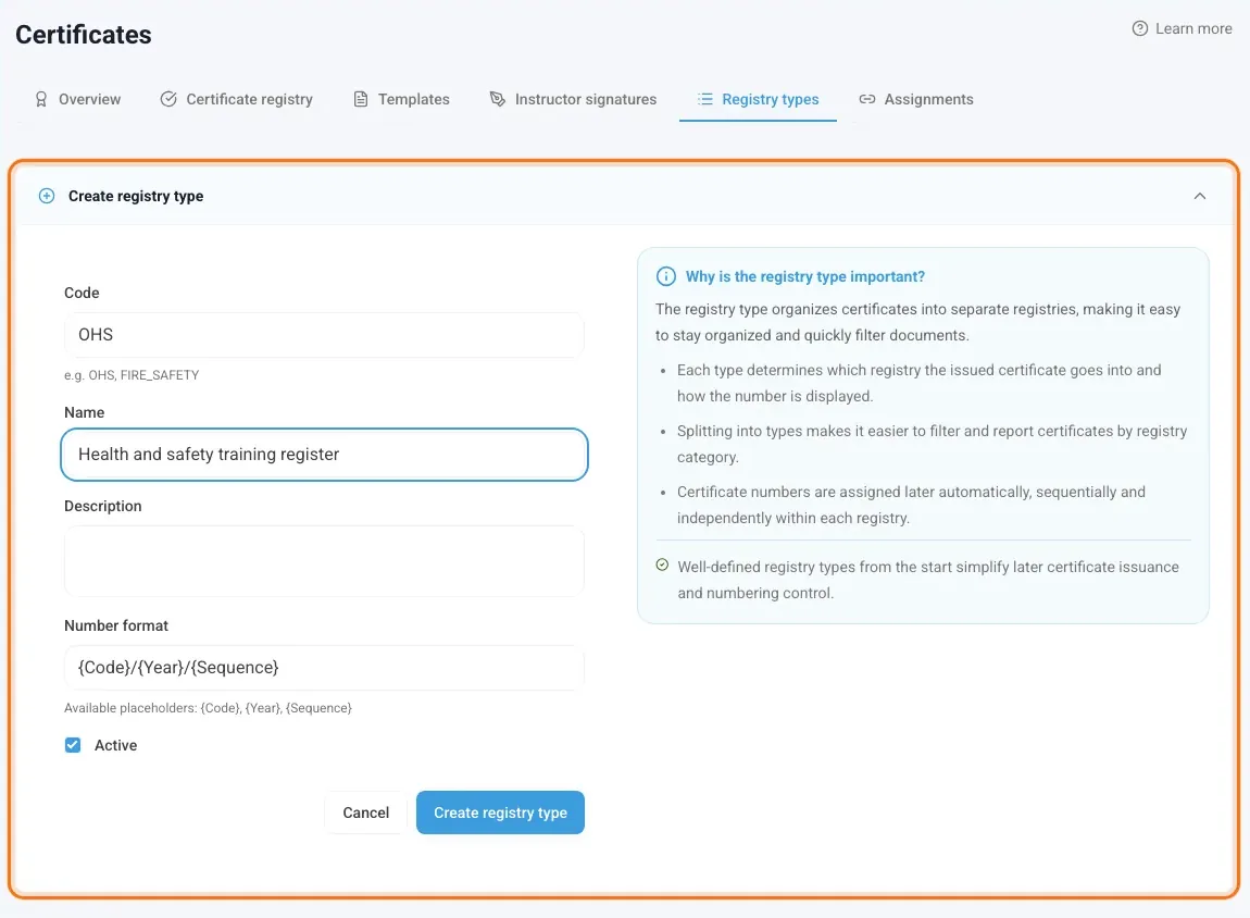 Create registry type form with the code, name and number format