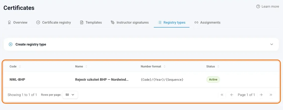 Registry types list with the code and number format