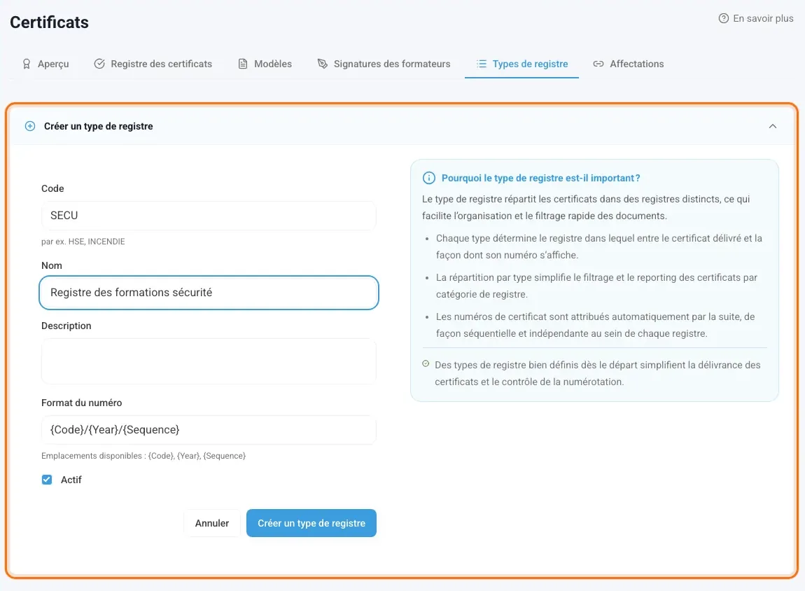 Formulaire Créer un type de registre avec le code, le nom et le format du numéro