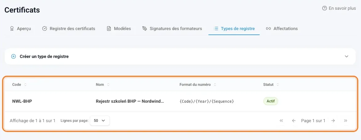Liste des types de registre avec le code et le format du numéro
