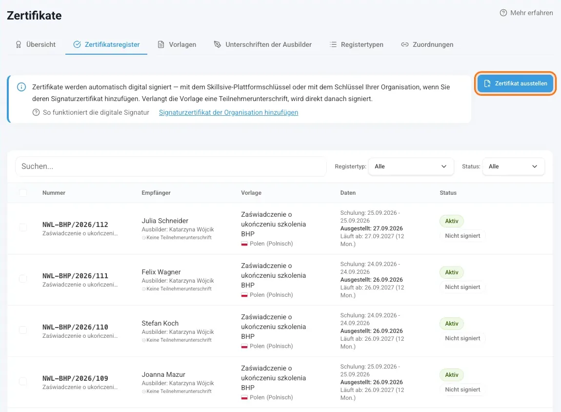 Zertifikatsregister mit der Schaltfläche Zertifikat ausstellen