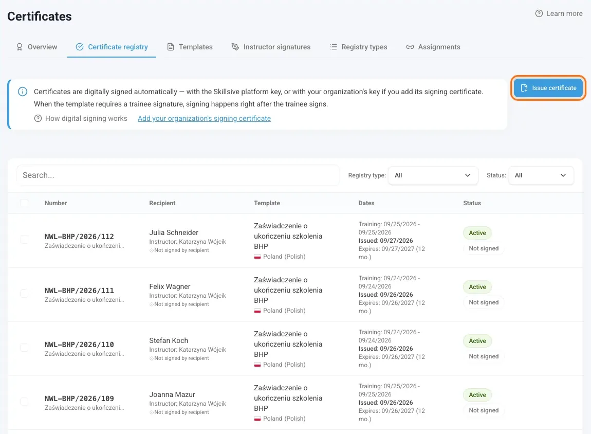 Certificate registry with the Issue certificate button