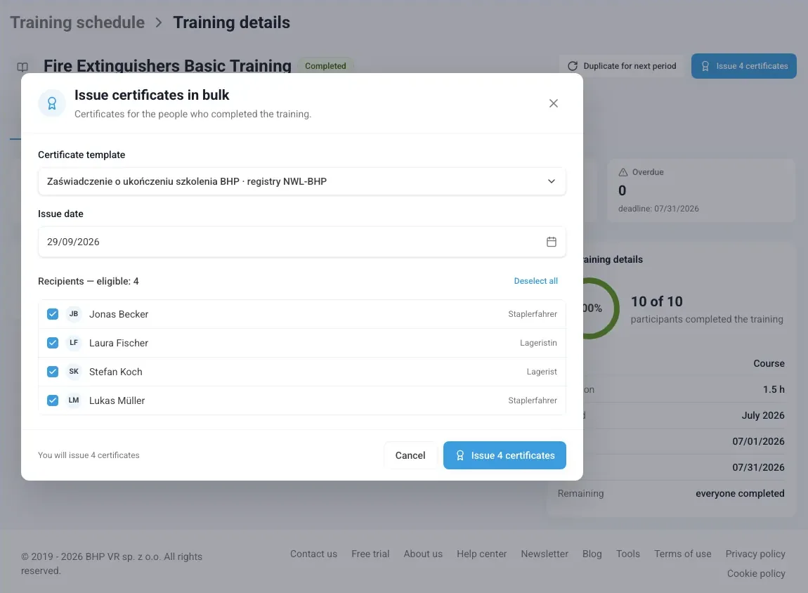 Issue certificates in bulk window with the template, issue date and recipients