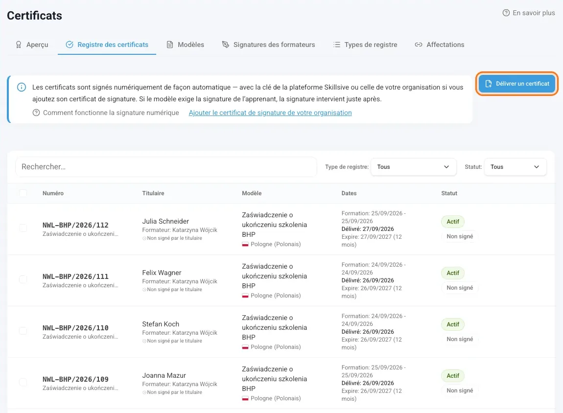 Registre des certificats avec le bouton Délivrer un certificat
