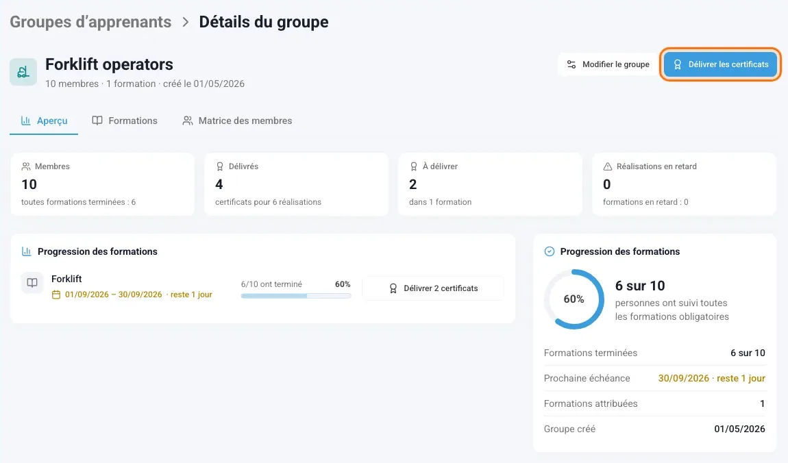 Page d’un groupe d’apprenants avec le bouton Délivrer les certificats
