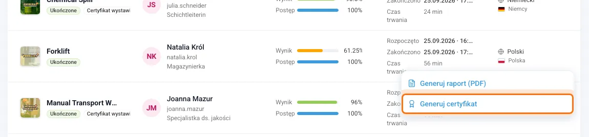 Lista ukończeń z akcją Generuj certyfikat