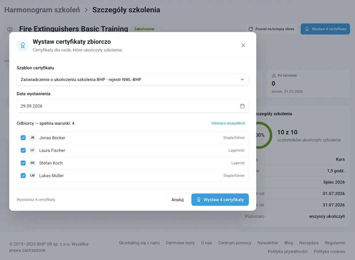 Okno Wystaw certyfikaty zbiorczo z szablonem, datą wystawienia i odbiorcami