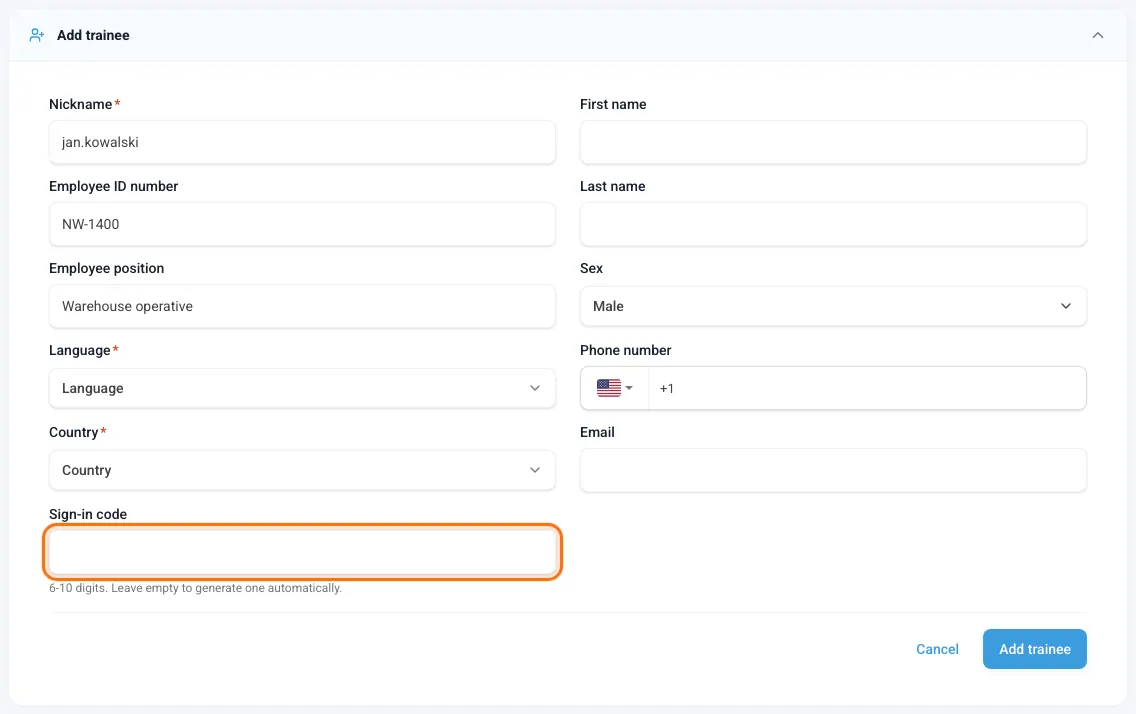 Add trainee form with the Sign-in code field
