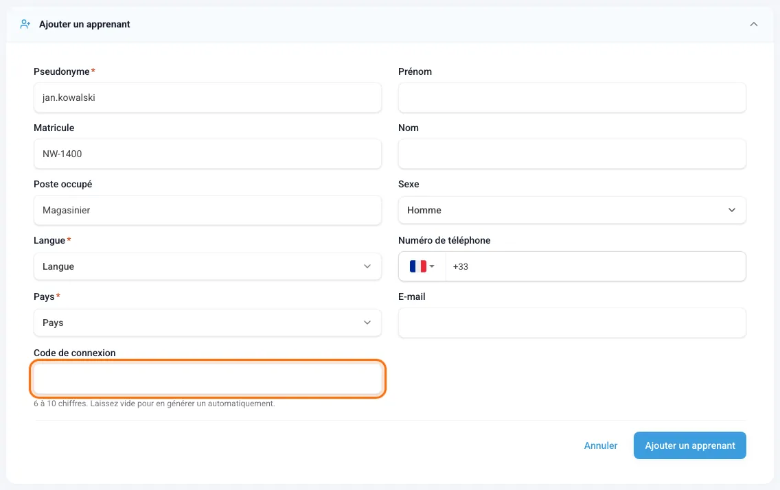 Formulaire Ajouter un apprenant avec le champ Code de connexion
