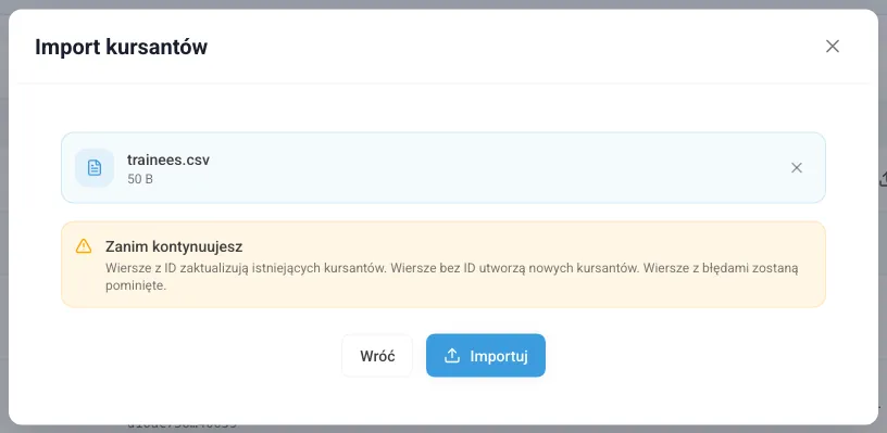 Okno importu kursantów z komunikatem o wierszach z ID i bez ID