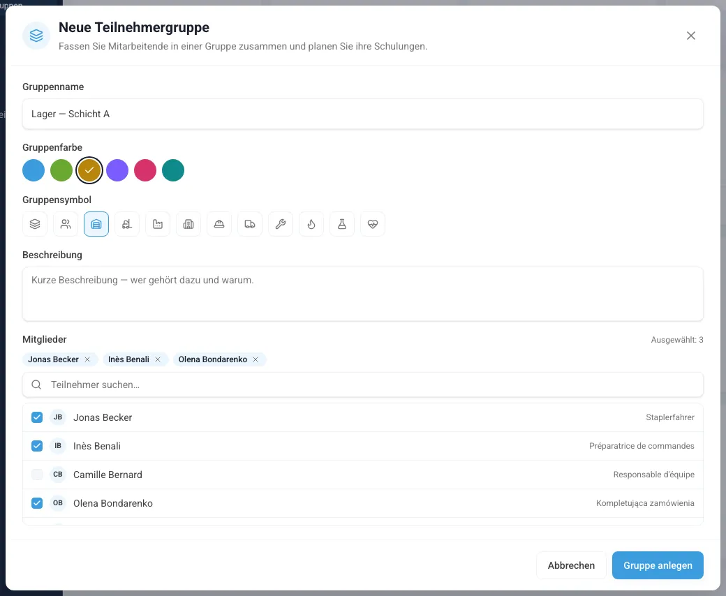 Formular für eine neue Teilnehmergruppe mit Name, Farbe, Symbol und ausgewählten Mitgliedern