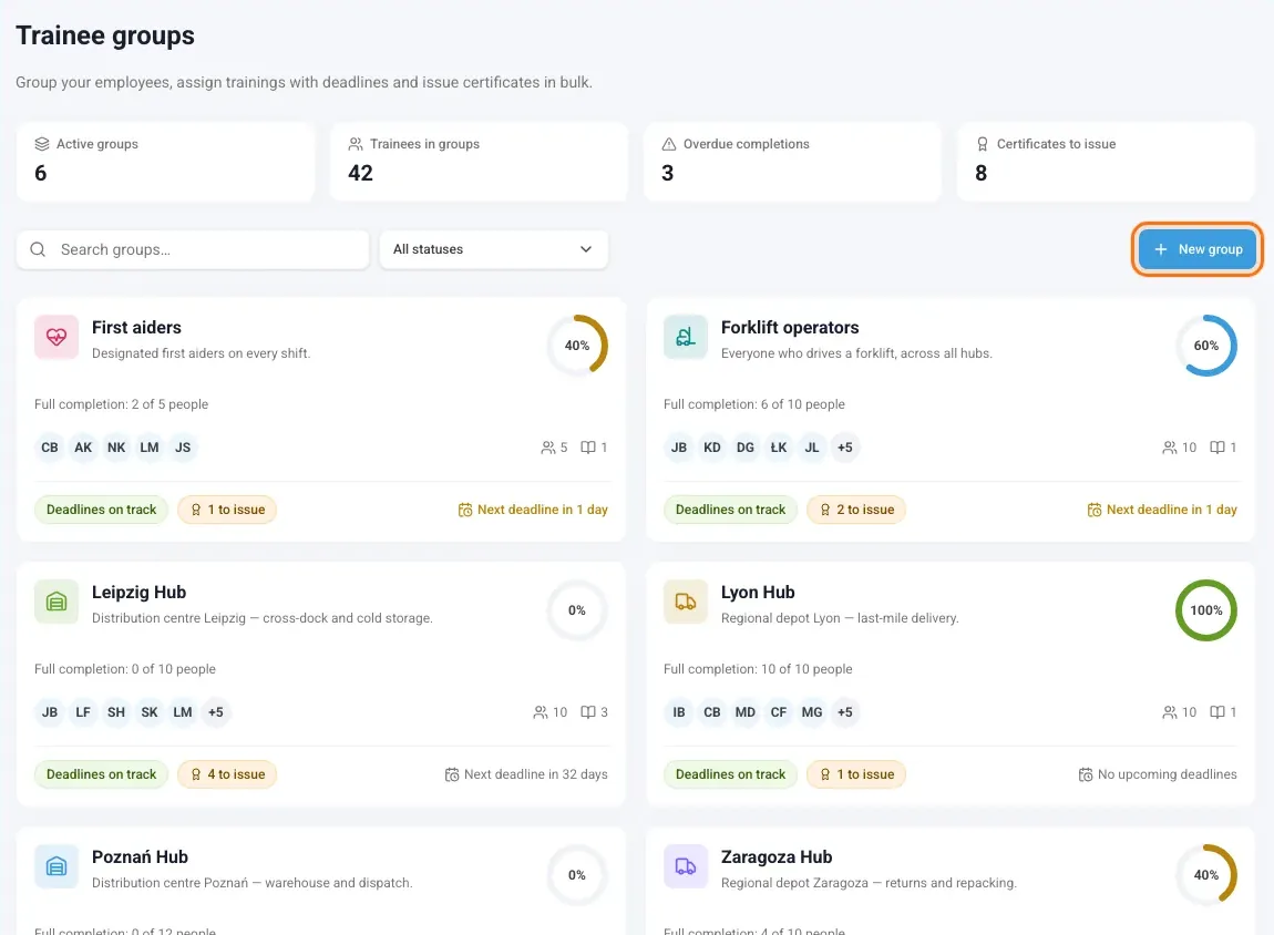 Trainee groups list with the New group button
