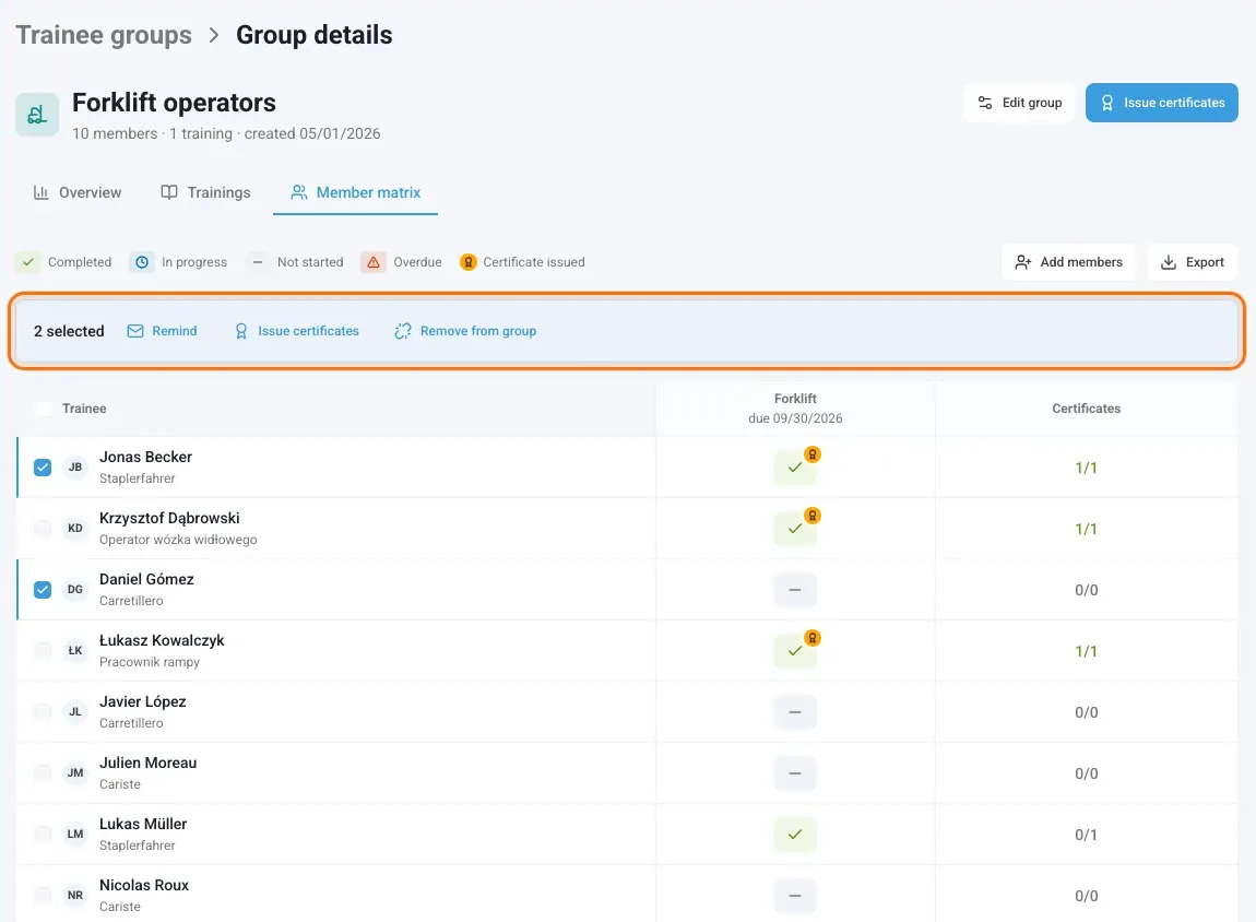 Member matrix with two trainees selected and the bulk actions bar