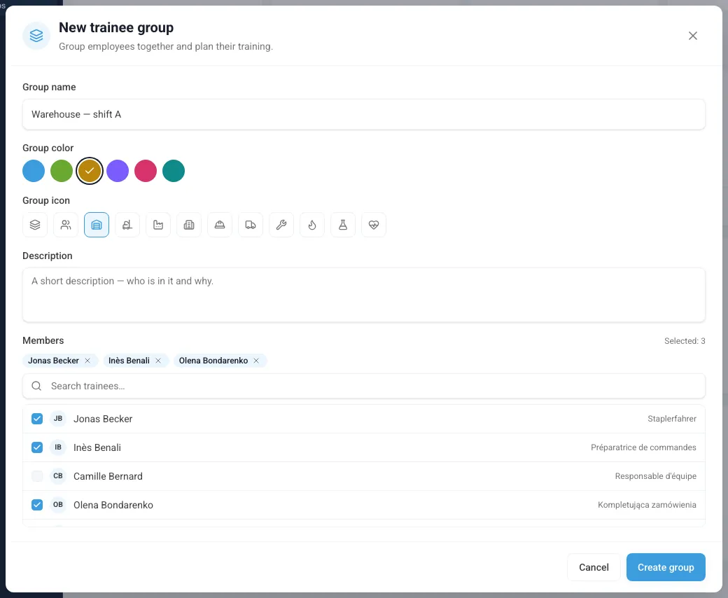 New trainee group form with name, color, icon and selected members