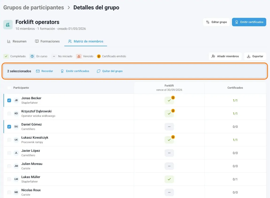 Matriz de miembros con dos participantes marcados y la barra de acciones en bloque