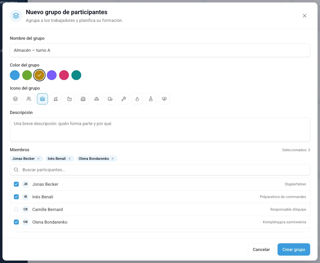 Formulario de nuevo grupo de participantes con nombre, color, icono y miembros seleccionados