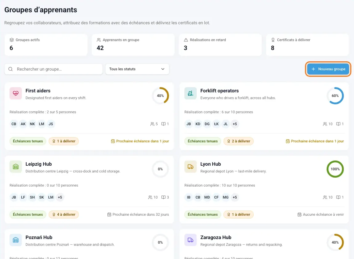 Liste des groupes d’apprenants avec le bouton Nouveau groupe