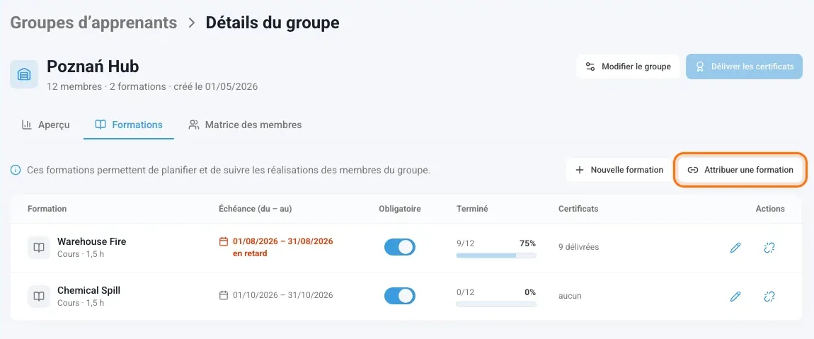 Onglet Formations d’un groupe avec le bouton Attribuer une formation