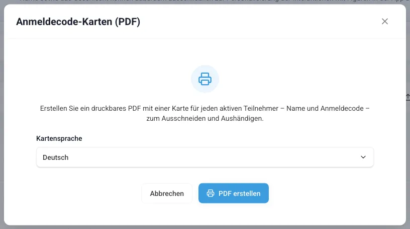 Fenster Anmeldecode-Karten (PDF) mit der Kartensprache
