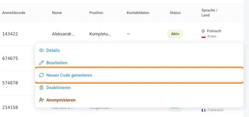 Aktionsmenü der Zeile mit Neuen Code generieren