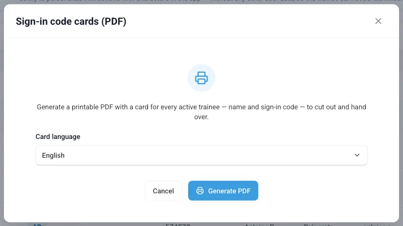 Sign-in code cards (PDF) window with the card language