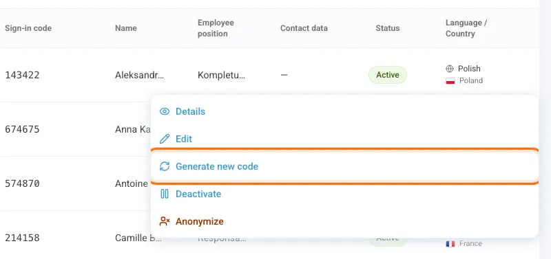 Row actions menu with Generate new code
