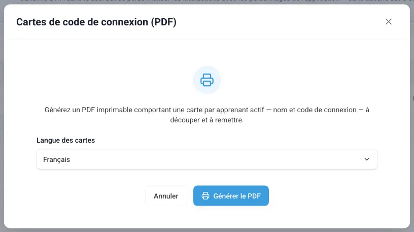Fenêtre Cartes de code de connexion (PDF) avec la langue des cartes
