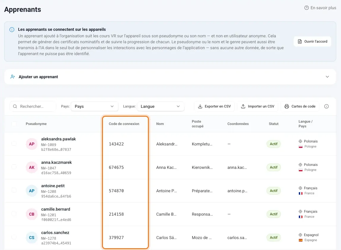 Liste des apprenants avec la colonne Code de connexion