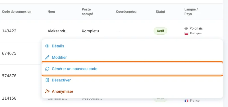 Menu d’actions de la ligne avec Générer un nouveau code