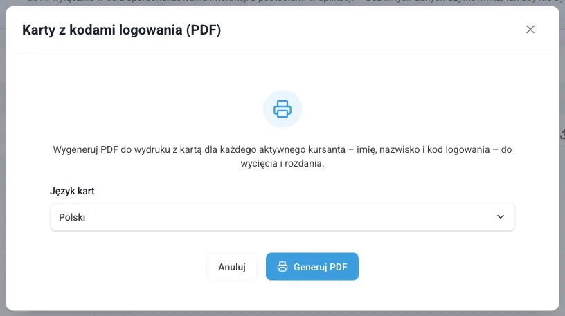Okno Karty z kodami logowania (PDF) z wyborem języka kart