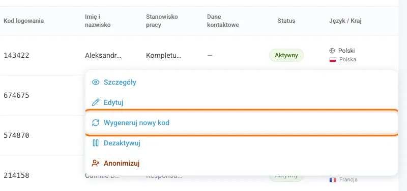 Menu akcji w wierszu z opcją Wygeneruj nowy kod