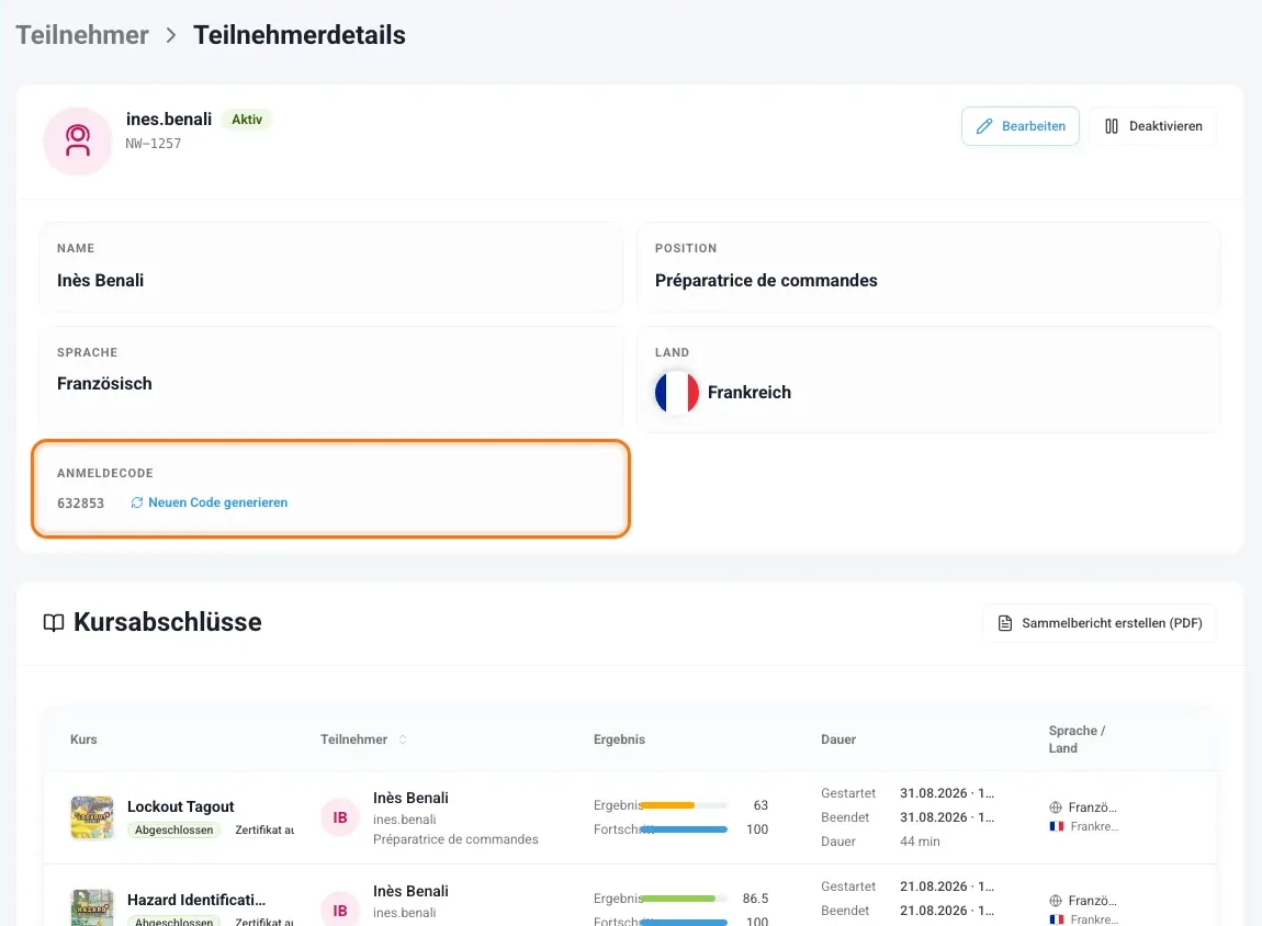Karte mit Teilnehmerdaten und Anmeldecode