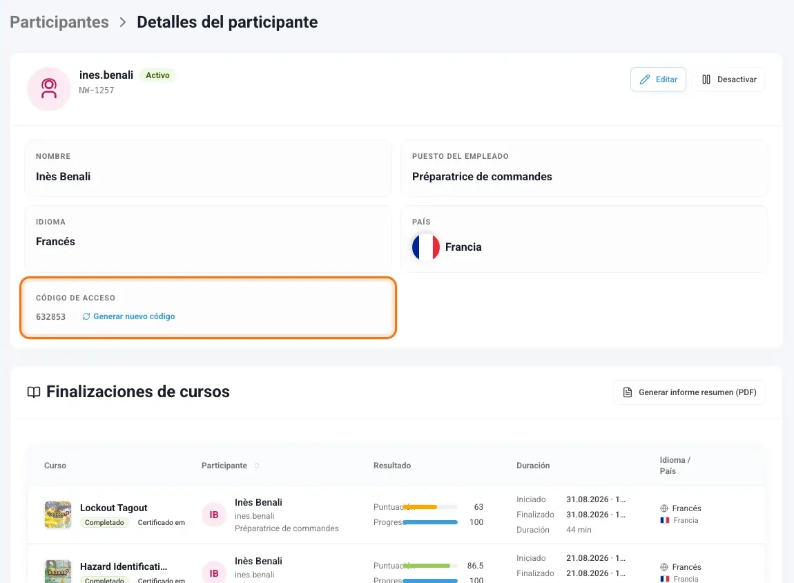 Tarjeta de detalles del participante con sus datos y el código de acceso