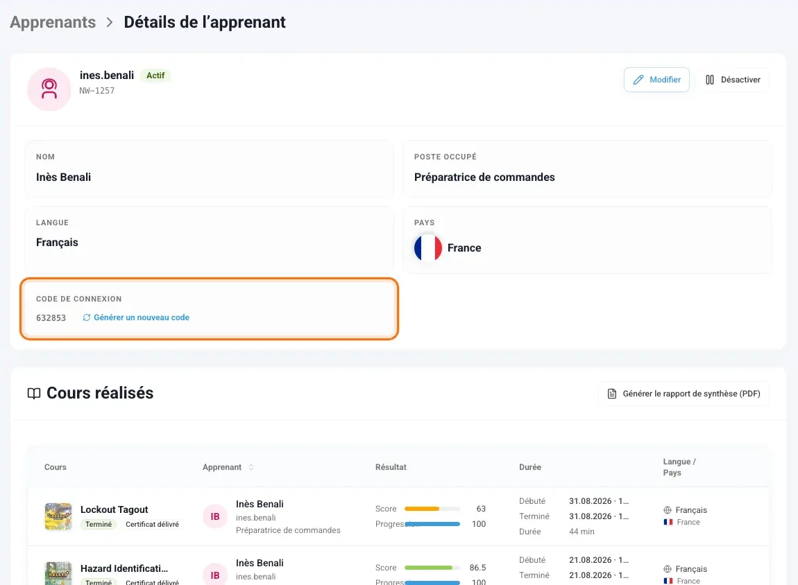 Carte de détails de l’apprenant avec les données et le code de connexion
