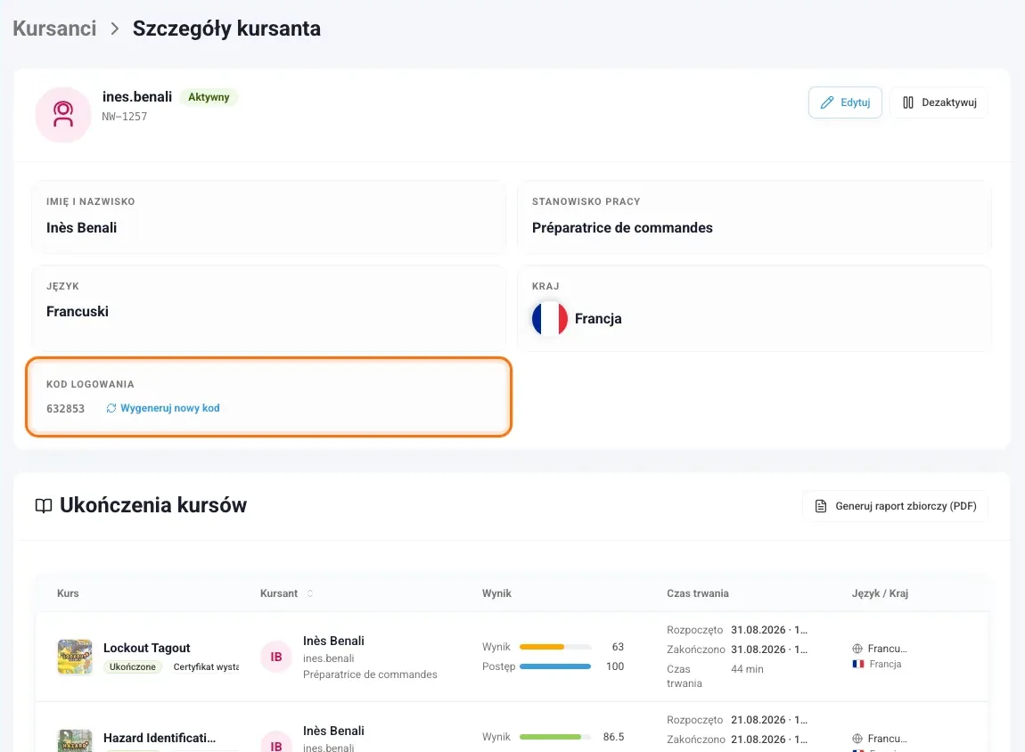 Karta szczegółów kursanta z danymi i kodem logowania