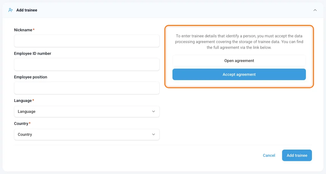 Add trainee form without the agreement, with the Open agreement and Accept agreement buttons
